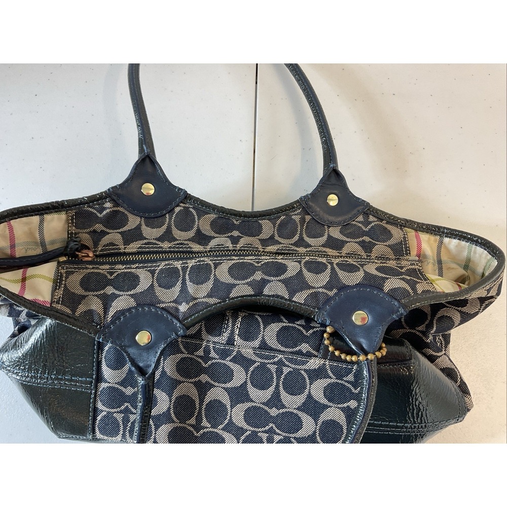 Vtg Coach black Navy canvas patent leather tote shop beach  travel shoulder bag‎ - Picture 5 of 12